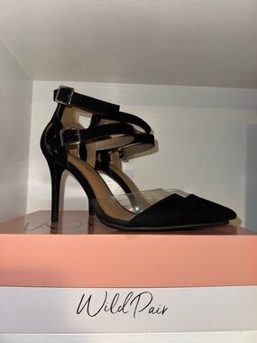 Wild Pair Black Pointed Toe Clear Strap Stiletto Heels Ankle Strap